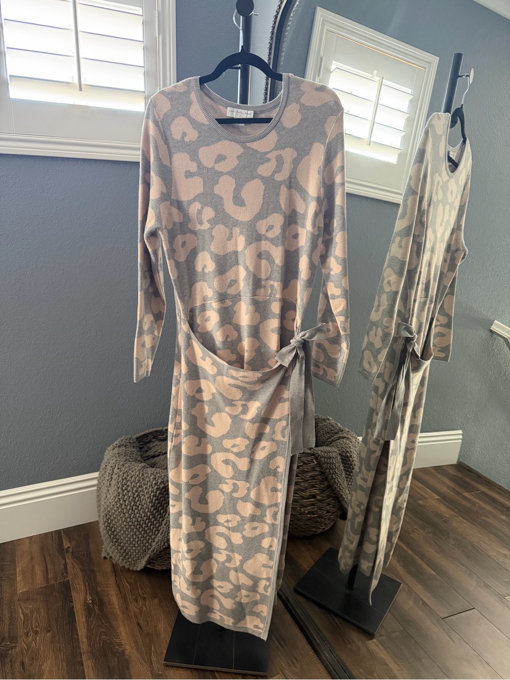 Never Fully Dressed Tan and Gray Leopard-Print Wrap Midi Dress
